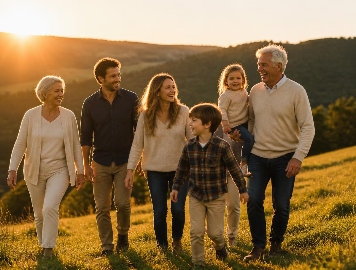 Three generations of a family walking together on a green hillside at golden hour